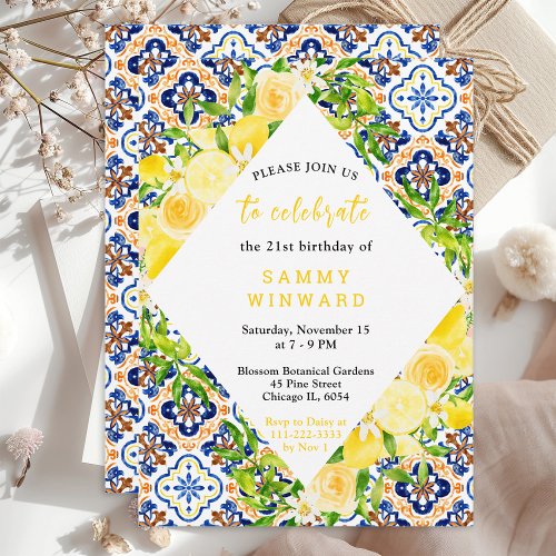 Lemons and Foliage Mediterranean Birthday Invitation