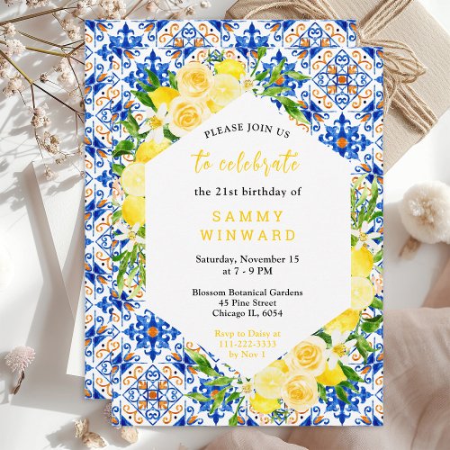 Lemons and Foliage Mediterranean Birthday Invitation