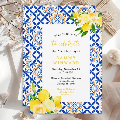 Lemons and Foliage Mediterranean Birthday Invitation