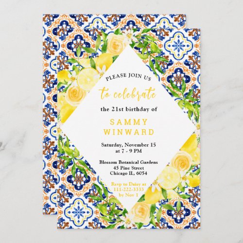 Lemons and Foliage Mediterranean Birthday Invitation