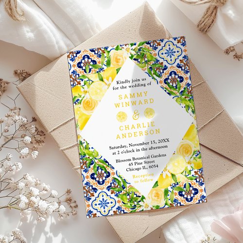 Lemons and Foliage Mediterranean Wedding Invitation