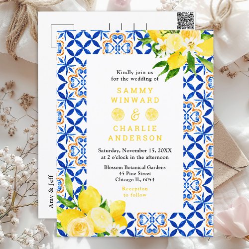 Lemons and Foliage Mediterranean Wedding Postcard