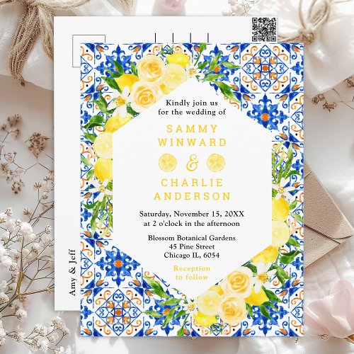 Lemons and Foliage Mediterranean Wedding Postcard