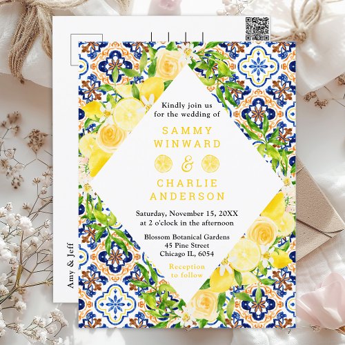 Lemons and Foliage Mediterranean Wedding Postcard