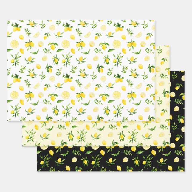 Lemons and Foliage Pattern Wrapping Paper Sheets (Set)