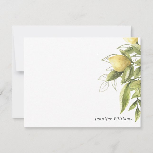 Lemons  and Foliage Sage green Girly Watercolor Note Card (Front)