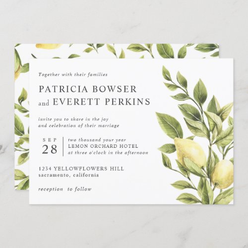 Lemons and foliage watercolor botanical wedding invitation