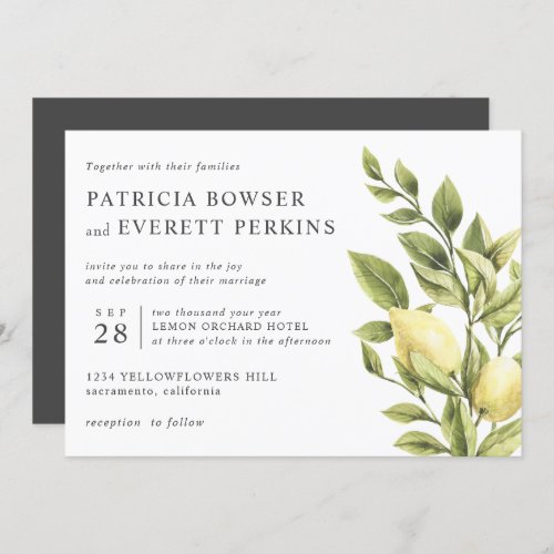 Lemons and foliage watercolor botanical wedding invitation