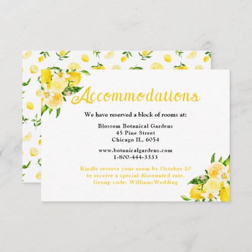 Lemons and Foliage Wedding Accommodations Enclosure Card