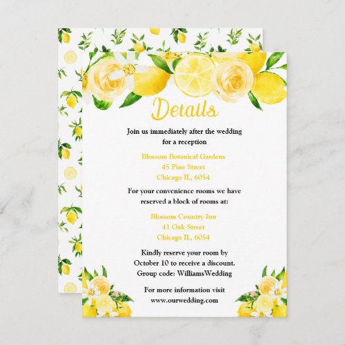 Lemons and Foliage Wedding Details Enclosure Card