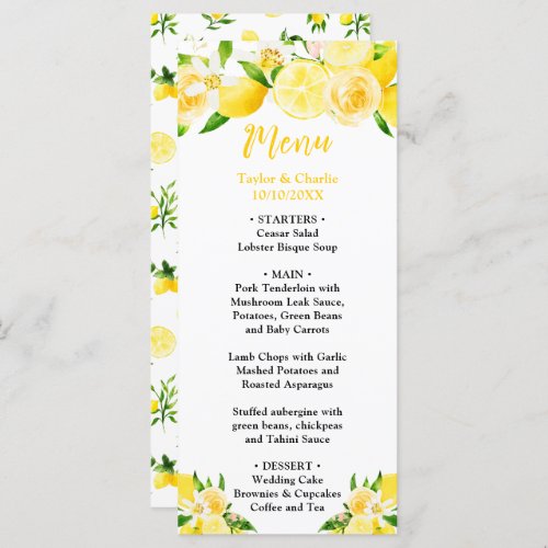 Lemons and Foliage Wedding Menu