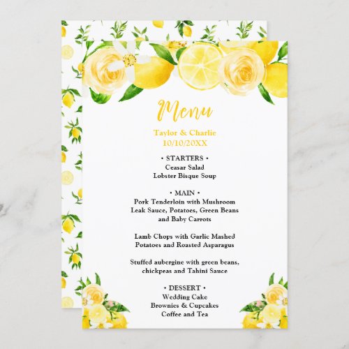 Lemons and Foliage Wedding Menu