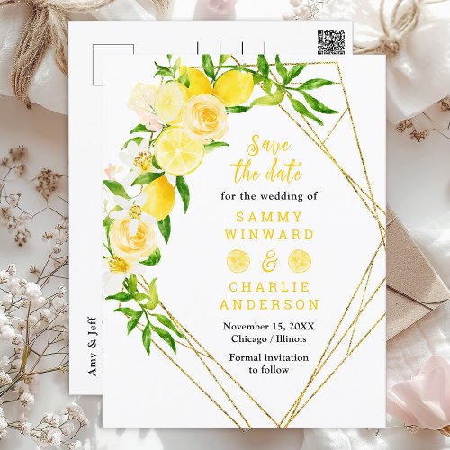 Lemons and Foliage Wedding Save The Date Postcard