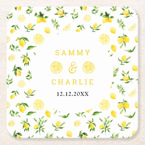 Lemons and Foliage Wedding Square Paper Coaster
