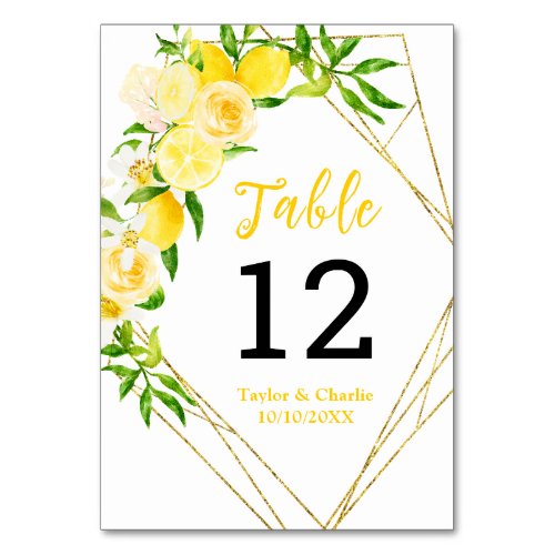 Lemons and Foliage Wedding Table Number