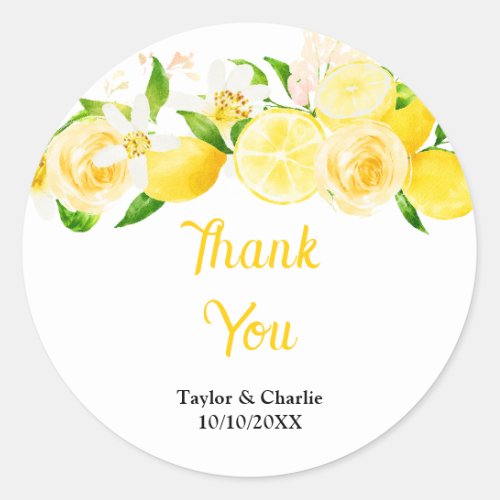 Lemons and Foliage Wedding Thank You Classic Round Sticker