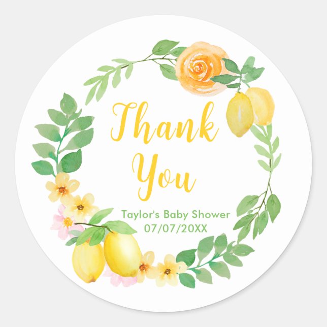 Lemons and Greenery Baby Shower Thank You Classic Round Sticker (Front)