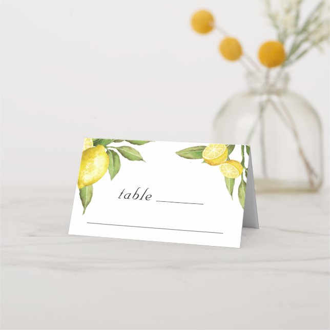Lemons and Greenery Blossom Wedding Place Card (Front)