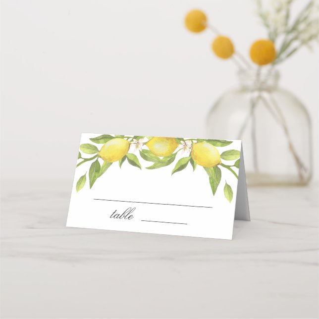 Lemons and Greenery Blossom Wedding Place Card (Front)