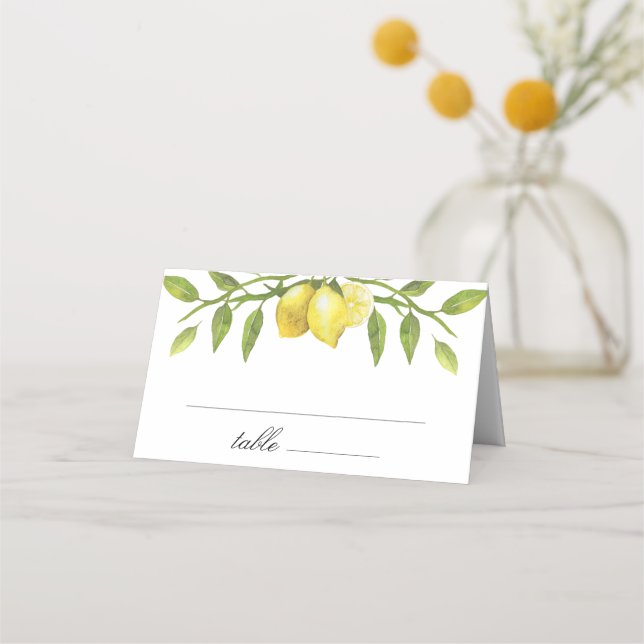 Lemons and Greenery Blossom Wedding Place Card (Front)