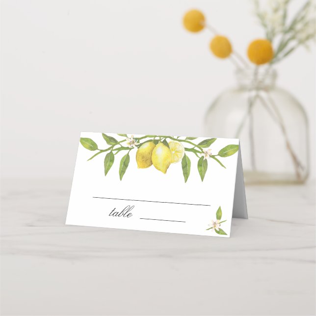 Lemons and Greenery Blossom Wedding Place Card (Front)
