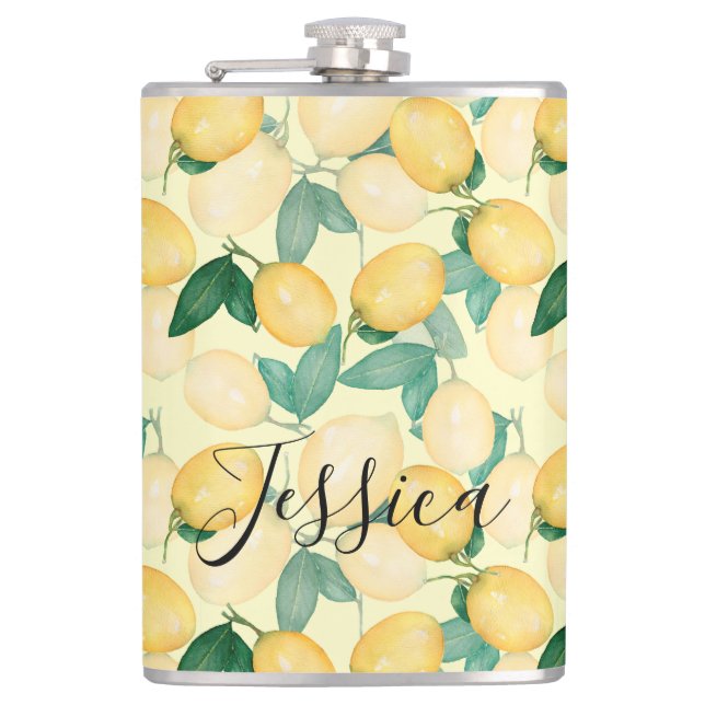 Lemons and Greenery Vinyl Wrapped Flask (Front)