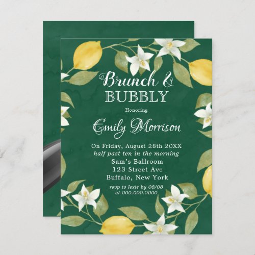 Lemons and Greenery Watercolor Brunch  Bubbly Invitation