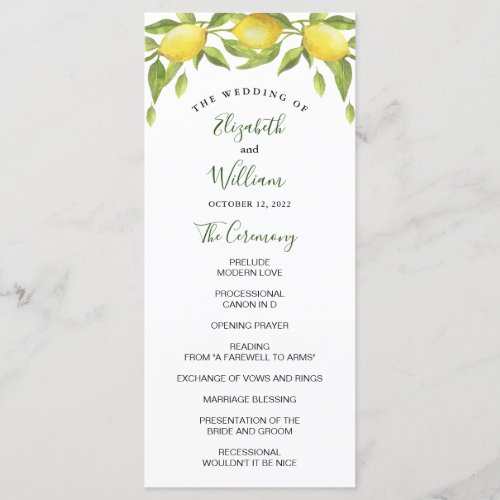 Lemons and Greenery Watercolor Wedding Ceremony Program