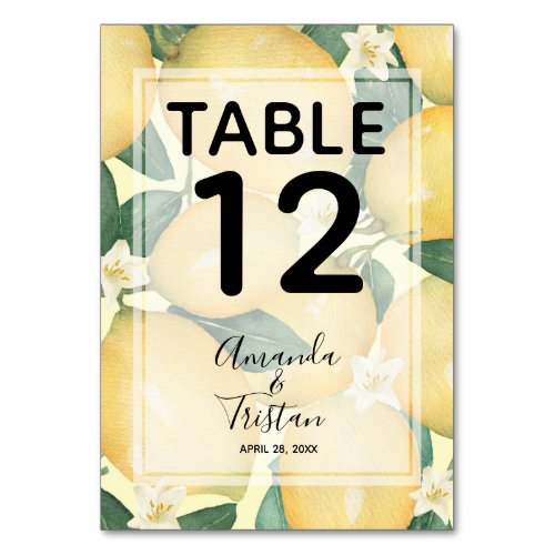 Lemons and Greenery Watercolor Wedding Table Number