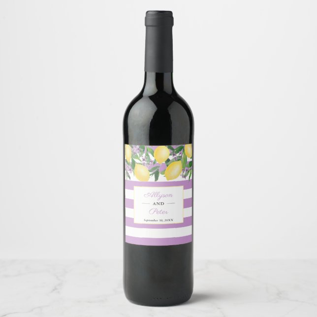 Lemons And Lavender Citrus Stripes Wedding Shower Wine Label (Front)