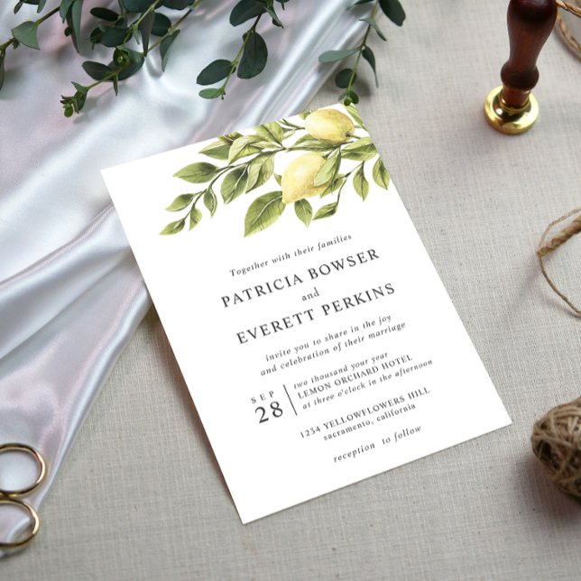 Lemons and leaves gray watercolor chic wedding invitation (Creator Uploaded)