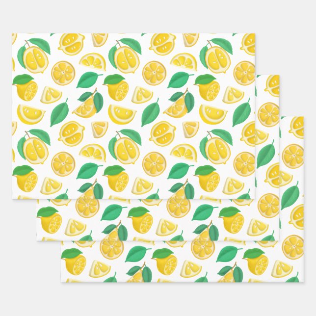 Lemons and Leaves on White Wrapping Paper Sheets (Set)