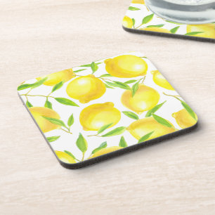 Lemons and leaves pattern design beverage coaster