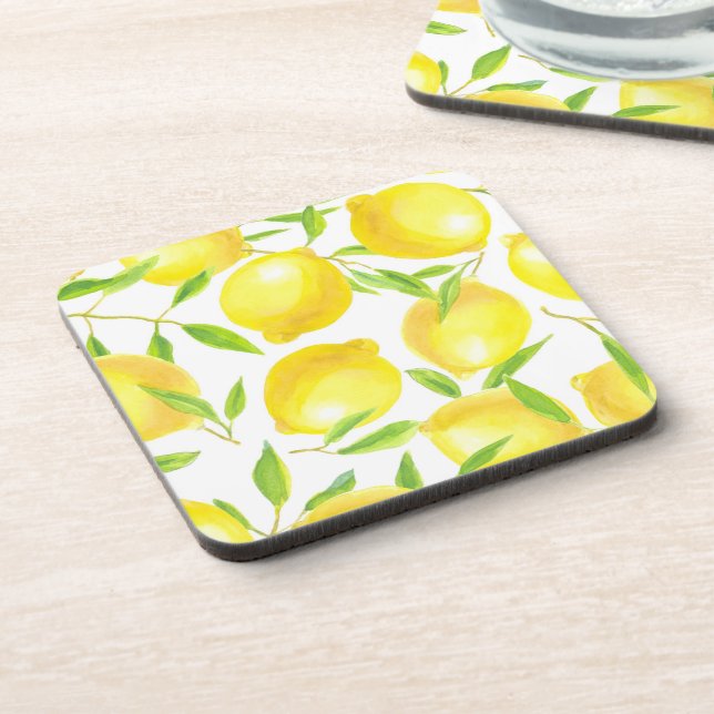 Lemons and leaves  pattern design beverage coaster (Left Side)