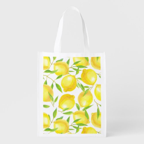 Lemons and leaves  pattern design reusable grocery bag
