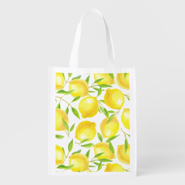 Lemons and leaves  pattern design reusable grocery bag (Front)