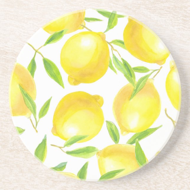 Lemons and leaves  pattern design sandstone coaster (Front)