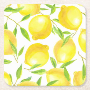 Lemons and leaves  pattern design square paper coaster