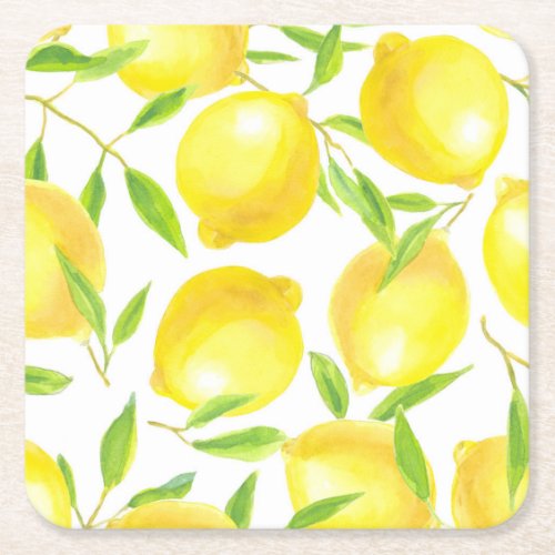 Lemons and leaves  pattern design square paper coaster