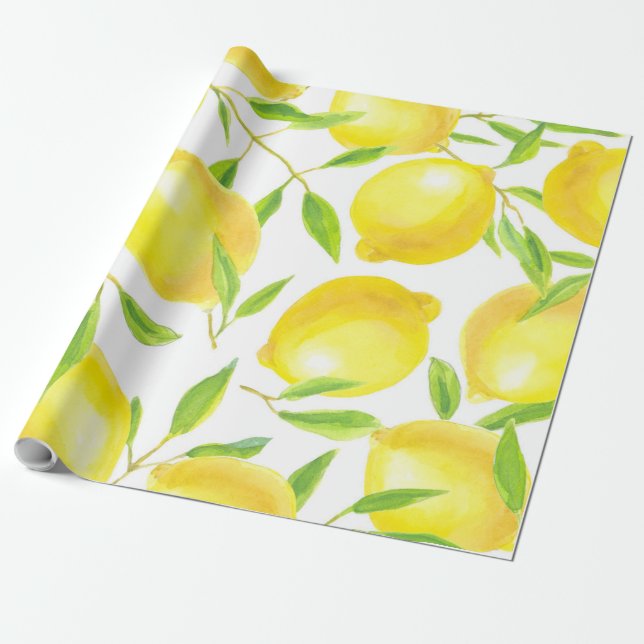 Lemons and leaves  pattern design wrapping paper (Unrolled)
