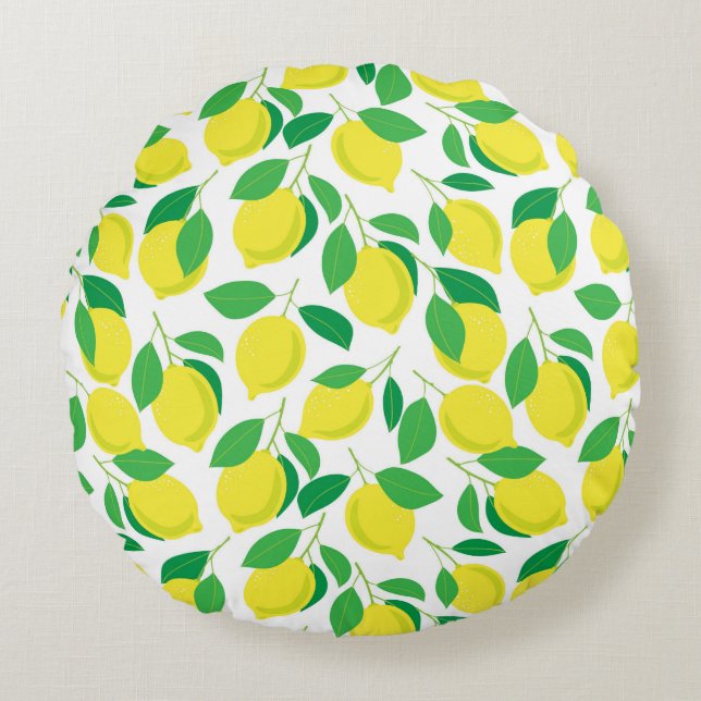 Lemons and leaves pattern round pillow (Front)