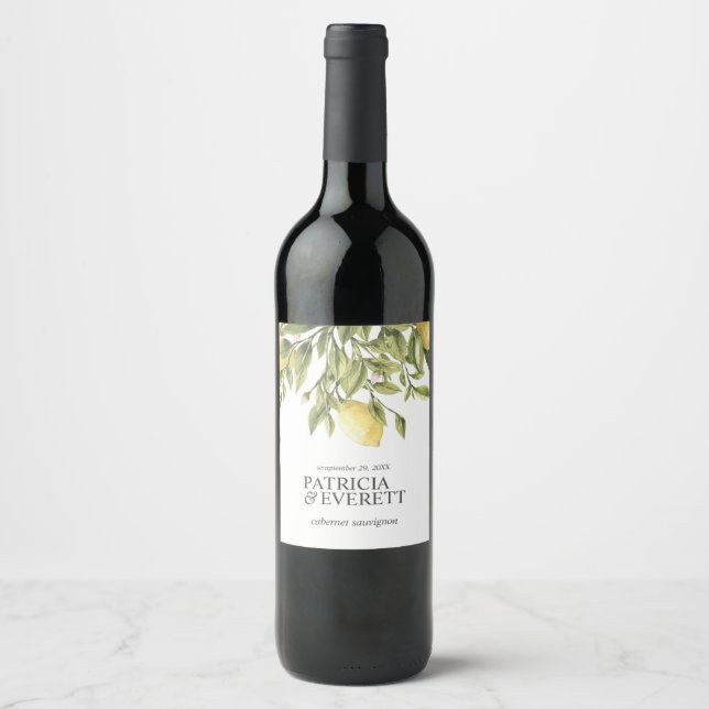 Lemons and leaves Personalized Yellow wedding Wine Label (Front)