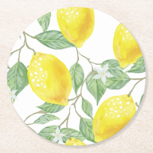 Lemons and Leaves Round Paper Coaster