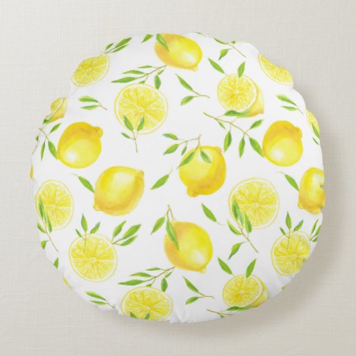 Lemons and leaves round pillow