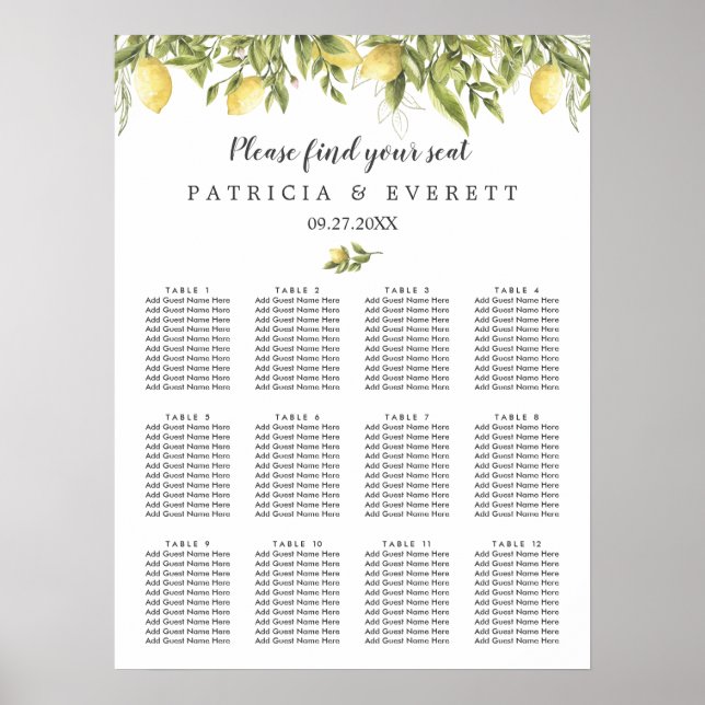 Lemons and leaves Summer Botanical wedding seating Poster (Front)