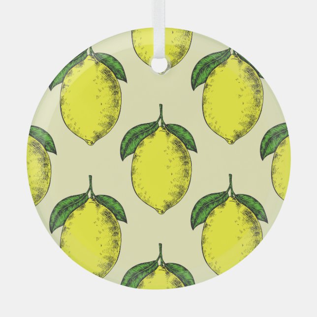 Lemons and leaves: summer pattern. glass ornament (Front)