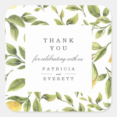 Lemons and leaves thank you personalized wedding square sticker