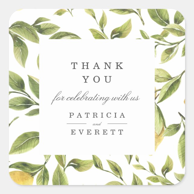 Lemons and leaves thank you personalized wedding square sticker (Front)