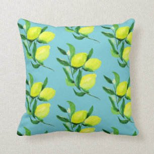 Lemons and Leaves Turquoise Throw Pillow