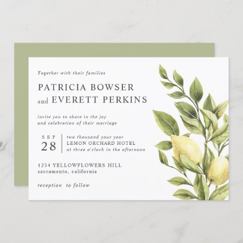 Lemons and leaves watercolor botanical wedding invitation